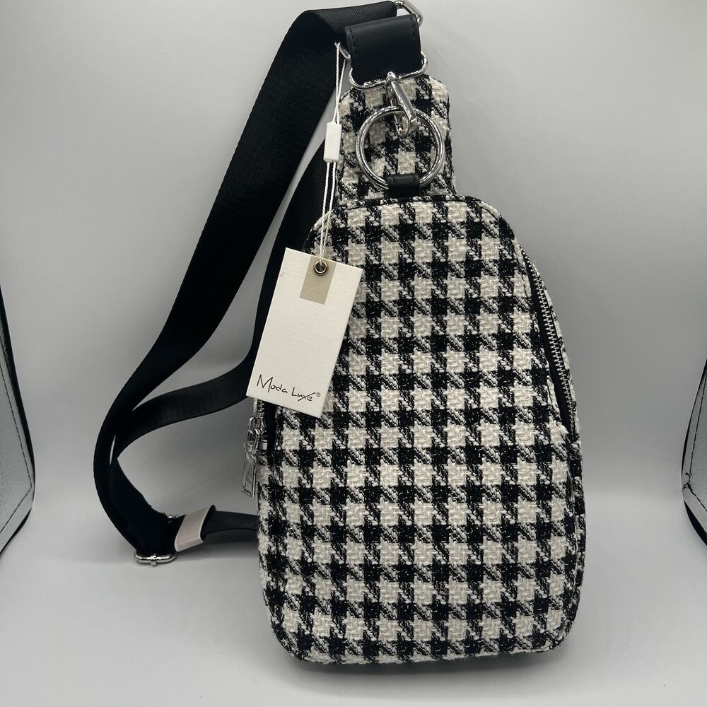 NEW Moda Luxe Black White Checker Houndstooth Sling Backpack Crossbody Bag NWT